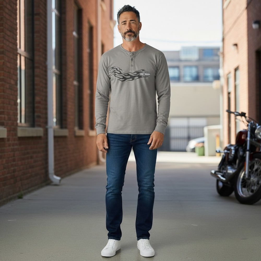 Harley Davidson Henley Shirt Large Gray Good Flame Graphic Long Sleeve Biker